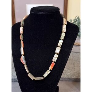 Vintage Abalone Shell Natural Stone Rectangular Bead Necklace Gold Tone Clasp